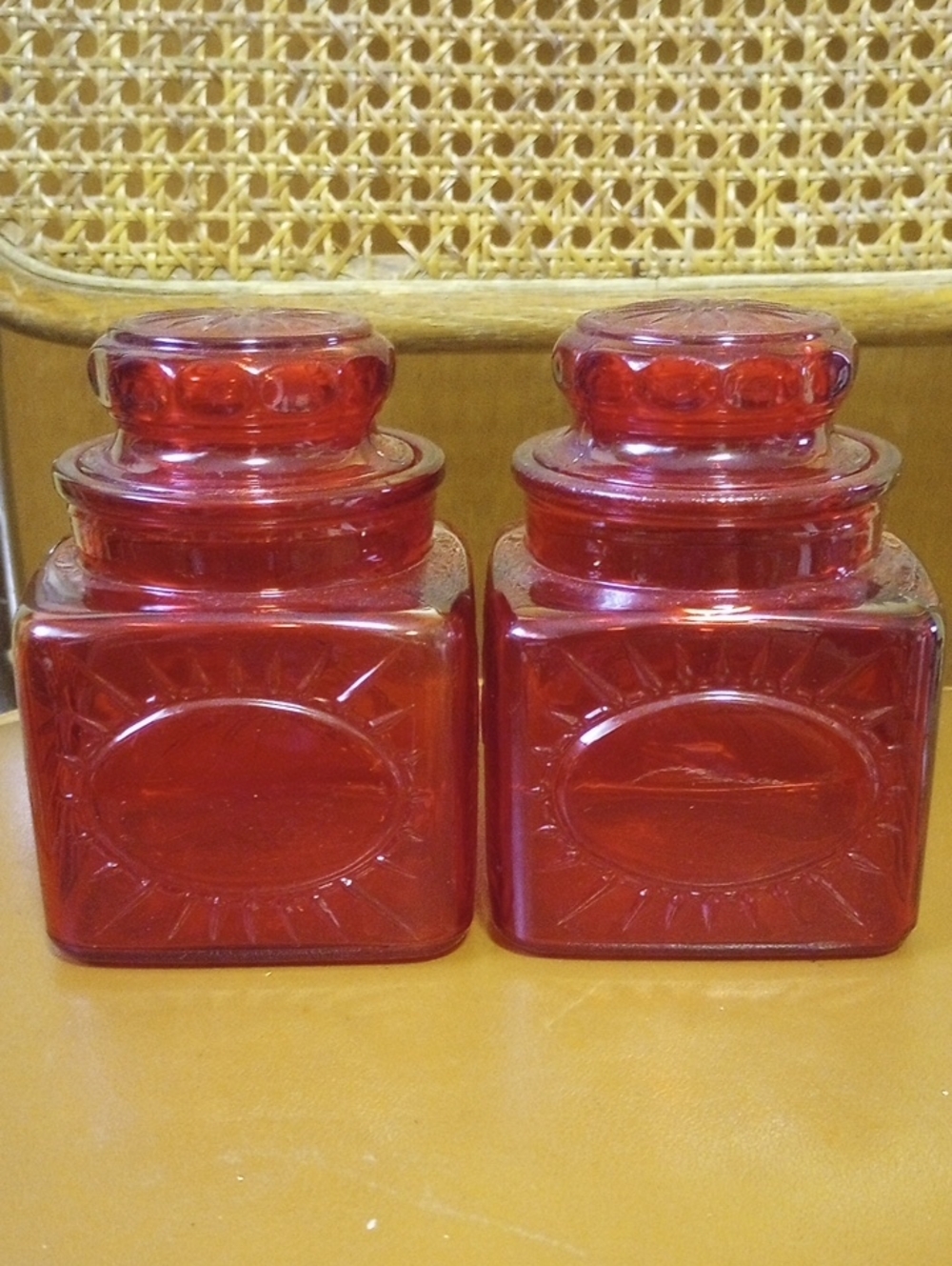 RARE Vintage Ruby Red Molded Glass Jars & Lids w/ Sun & Starburst Designs